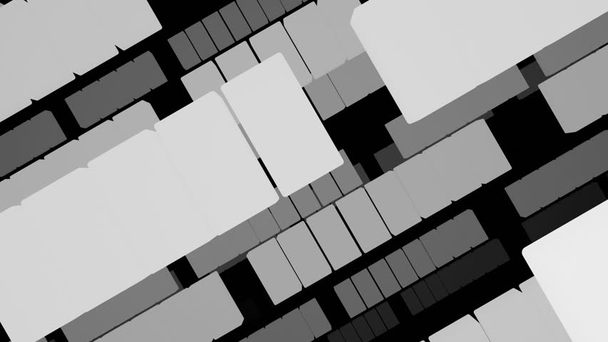 Blac and white geometric squares of various sizes move across the screen, motion background animation. 