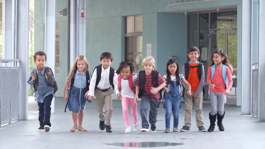 Group of elementary school kids running in a school corridor Royalty-Free Stock Footage #16355902