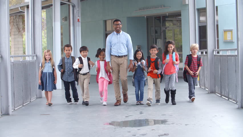 Male teacher walking in corridor with elementary school kids Royalty-Free Stock Footage #16355911