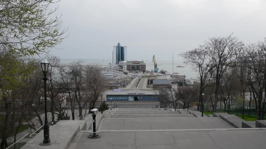 ODESSA, UKRAINE . The view on the Port of Odessa and Odessa hotel from the Potemkin Stairs