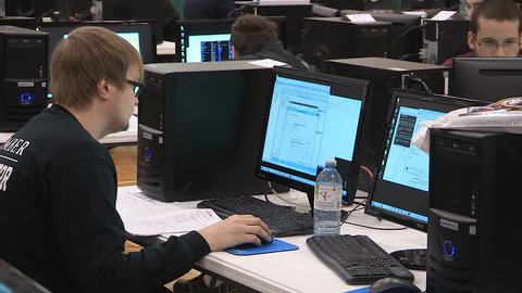 Waterloo, Ontario, Canada May 2016 College and university students on campus in computer class hacker competition
