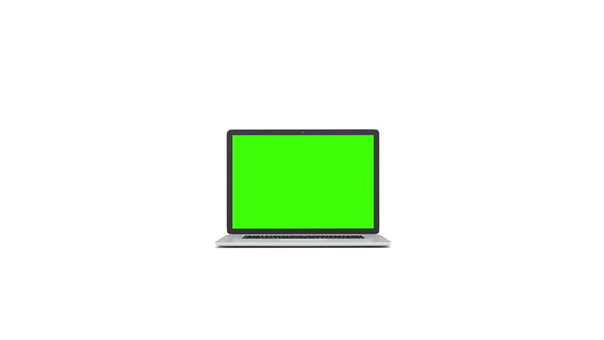 Isolated laptop with green screen on white background. Camera rotating around notebook. Template empty green screen. Royalty-Free Stock Footage #16377703