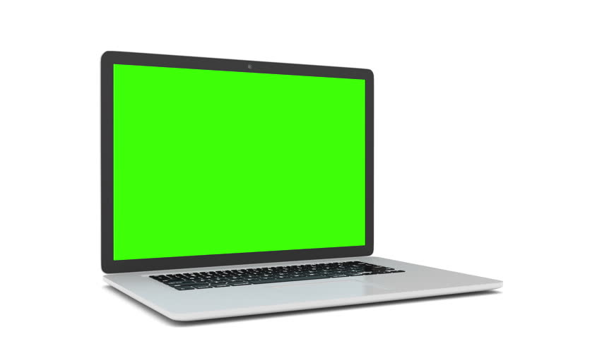 Isolated laptop with green screen on white background. Camera rotating around notebook. Template empty green screen. Royalty-Free Stock Footage #16377718