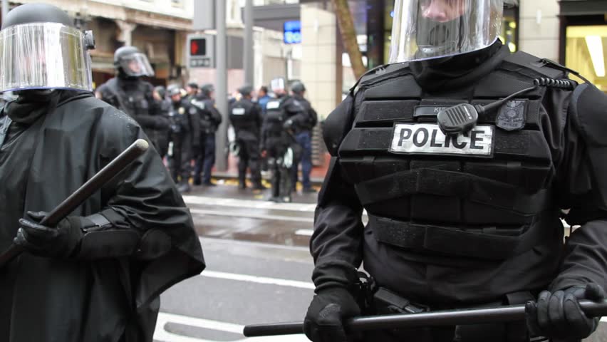 PORTLAND, OREGON - NOVEMBER 17: Law enforcement at Occupy Portland N17 "Occupy the Banks" rally November 17, 2011 in Portland, Oregon. 