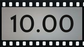 Ten seconds countdown with horizontal moving film reel.
Animation of moving filmstrip with counter.