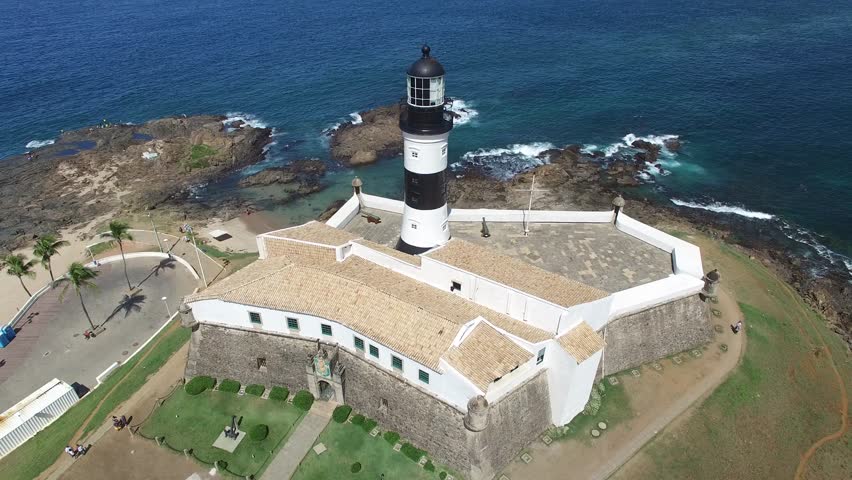 Aerial view of Farol da Barra (Barra Lighthouse) and Salvador cityscape, Bahia, Brazil
