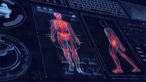 Human Anatomy WALKING with Futuristic Blue Touch Screen Scan Interface in 3D x-ray - LOOP. Human Skeletal System walking in perspective views on digital tablet with blue scientific animated graphics.
