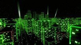 Neon city fly over urban skyscraper glow computer tron matrix 4k