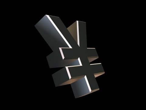 A chrome-plated Yen symbol rotating along its main axis on a black background (3D rendering)
