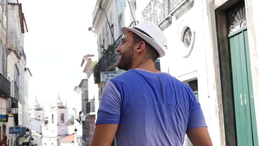 Tourist walking old colonial district (Pelourinho) of Salvador, Brazil Royalty-Free Stock Footage #16414645