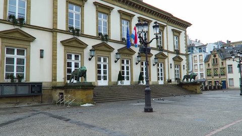 Luxembourg City, Luxembourg – winter 2016. Luxembourg City Hall.
Hotel de Ville de Luxembourg on Place Guillaume II.
