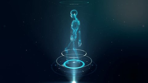 Human Avatar WALKING on Virtual 3D Holographic Projection with Futuristic Blue HUD. Male x-ray skeleton scan - LOOP