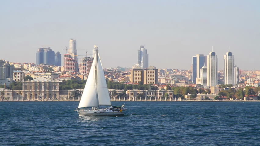 Sloop sailing in Bosporus Sea in Istanbul, Turkey 