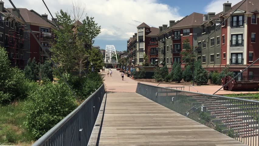 A view from a Platte River pedestrian bridge that crosses over river in Denver, Colorado. There are 3 pedestrian bridges to connect Downtown Denver with the Highland neighborhood.  South Platte River.