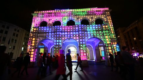 BUCHAREST, ROMANIA - MAY 6: 3D projection mapping are seen on buildings during the Spotlight International Light Festival on May 6, 2016 in Bucharest.