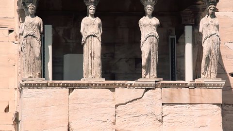 statue Caryatids in Athens acropolis citadel panoramic