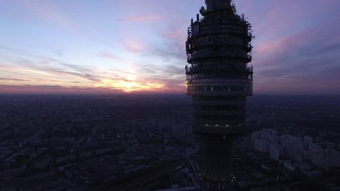 Ostankino tv tower in Moscow unique aerial high altitude flight and close approach. Fpv drone helicopter footage. Beautiful weather. Sunset