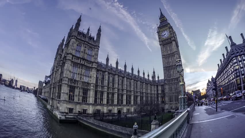 Time lapse view of the Big Ben and part of The House of Parliament in London, transition from sunset to night