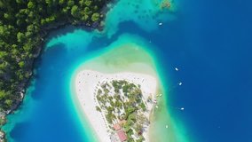 Aerial view of blue lagoon in Oludeniz, Fethiye district, Turquoise Coast of southwestern Turkey. Footage made with flying drone