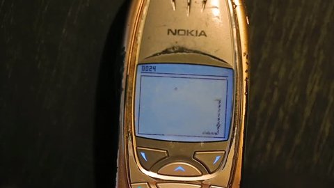 BUDAPEST, HUNGARY - MAY 03, 2016: Classic game Snake II being played on a Nokia 6310i cellphone