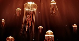 Jellyfishes swimming in Deep Sea (Orange Color Scheme). This video can be used as background or as stand-alone video. The video is a seamless loop. Full 4K Ultra HD resolution video.