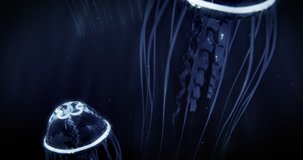 High quality animation of Blue Jellyfishes swimming in Deep Dark Ocean. This video can be used as background or as stand-alone video. The video is a seamless loop. Full 4K Ultra HD resolution video.