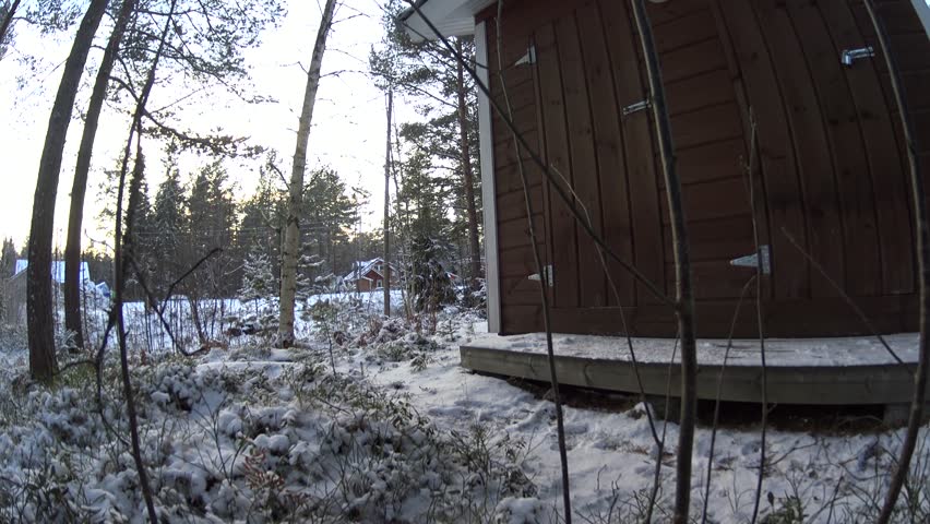 Young Girl Carries Firewood Out Of The Old Barn In Winter Forest, medium shoot
