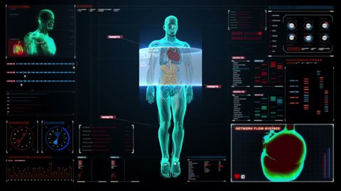 Human skeletal and blood vascular system inside scanning Human body in digital medical display. user interface.