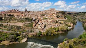 time-lapse video of Toledo old city with blue sky from Parador view point, Spain