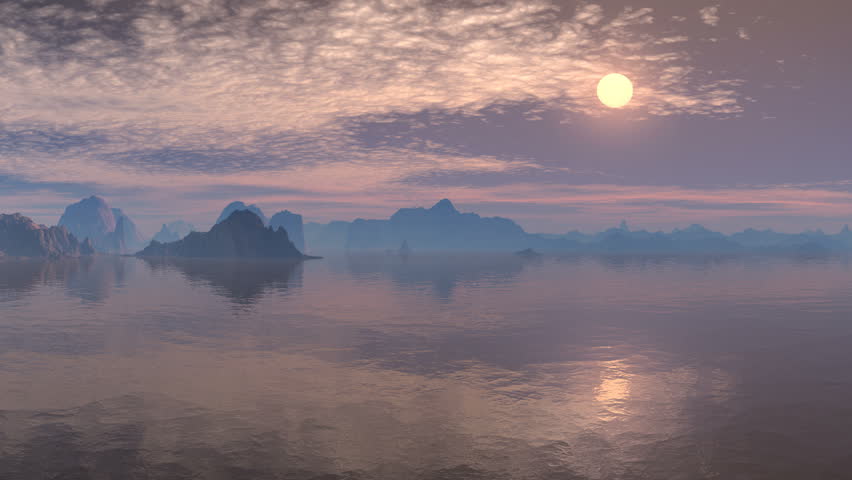 Purple sunset. The evening sky setting sun and white clouds. Of water are low rocks. As water reflects the sun. All bathed in purple light. The camera quickly flies toward the sun.