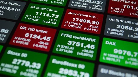 Stock exchange board with quotes of index Dow Jones, DAX, FTSE, Stoxx. Stock exchange ticker board, market price on the online stock exchange trade floor.