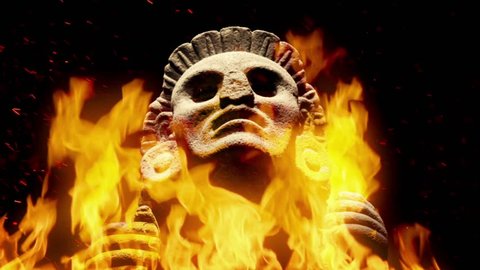 Mayan Stone Figure In Flames