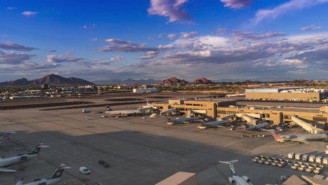 Sky Harbor Airport, Phoenix,AZ,USA May,8th,2016  March 2016 was the busiest month ever for Phoenix Sky Harbor International Airport.  4k Time-lapse of terminal 4 area.