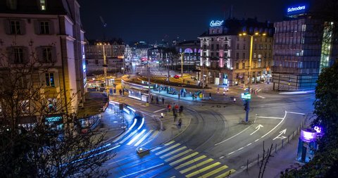Zurich, Switzerland - Central-Quai / Downtown with Central Station in the background - Timelapse with motion - March 2016