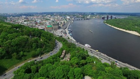 Centre Kiev, Ukraine and Dnieper river. Aerial footage