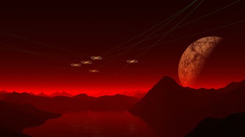 Under dark skies bright flying round objects (UFOs). Above the horizon a large planet (moon). Low mountains and hills shrouded in red luminous mist. In the water of the lake reflected the dim light.