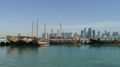 Traditional Dhow, Arab sailing vessels in morning at Dhow Harbour