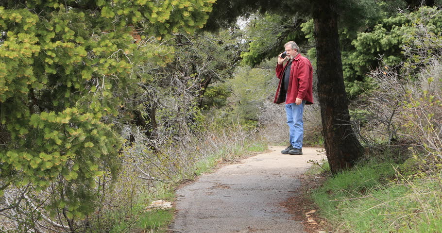 NEBO, UTAH - MAY 2016: Man walks mountain forest trail talking on cell phone. Wasatch Mountain range, Mount Nebo Loop National Scenic Byway. 