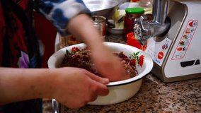 Female Hands Mixing Minced Meat On Counter Top, Closeup