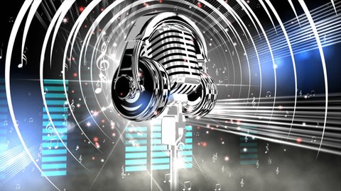 Microphone, headphones and equalizer.
Background for headline of opening music festival, competition, show, interview, concert. 