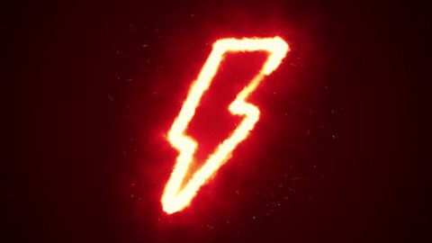 Animation appearance of lightning shape from fire on dark background.