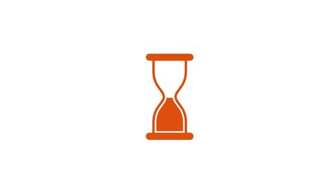 Orange sand clock fly in out and flip on white background time interval symbol. Digital video animation HD 1080. 