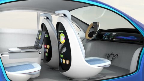 3D animation of autonomous car interior. Rotatable backrest equip with LCD monitor.