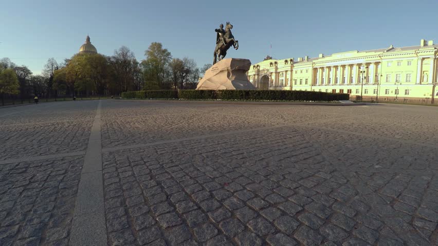 Aerial view. Bronze Horseman, a monument to Peter I in St. Petersburg. Shot in 4K (ultra-high definition (UHD).