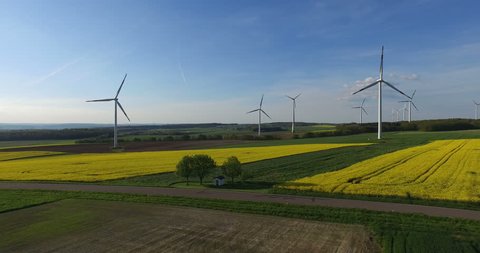 4K aerial video of the wind turbines and rape field.