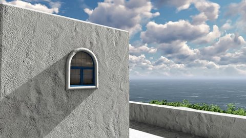 Traditional mediterranean house with white washed walls and balcony overlooking the sea. Panoramic shot. Realistic 3D animation.