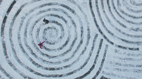 Four people slide on skates by tracks in form of spirals on ice at winter day. Aerial view