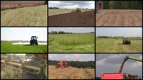 Heavy agriculture equipment machines work in fields. Tractor plow spray field, cut grass, harvest wheat. Montage of video clips collage. Split screen. Black round corner frame. 4K UHD 2160p