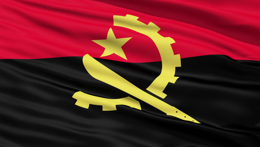 Waving Falg Of Angola with star, cog wheel and machete on red and black stripes.