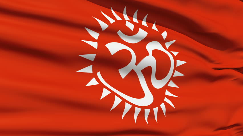 Red flag with Hindu Aum or Om in Devanagari script , the first incantation or